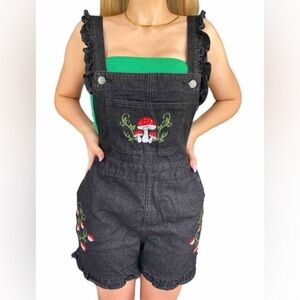 Boho Kitschy Embroidered Mushroom Denim Ruffled Strap Adjustable Overall Shorts